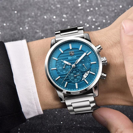 Stevvex men's chronograph steel watch with blue dial and stainless steel bracelet on Tampa Home & Garden Store