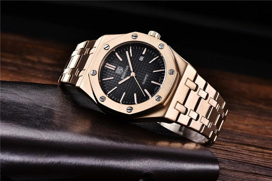 Men's quartz watch Stevvex ST423TINLS49, gold-tone stainless steel band, black dial on Tampa Home & Garden Store