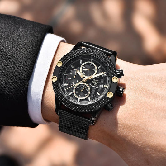 Sport chronograph watch with black mesh band and gold-tone subdials waterproof quartz on Tampa Home & Garden Store