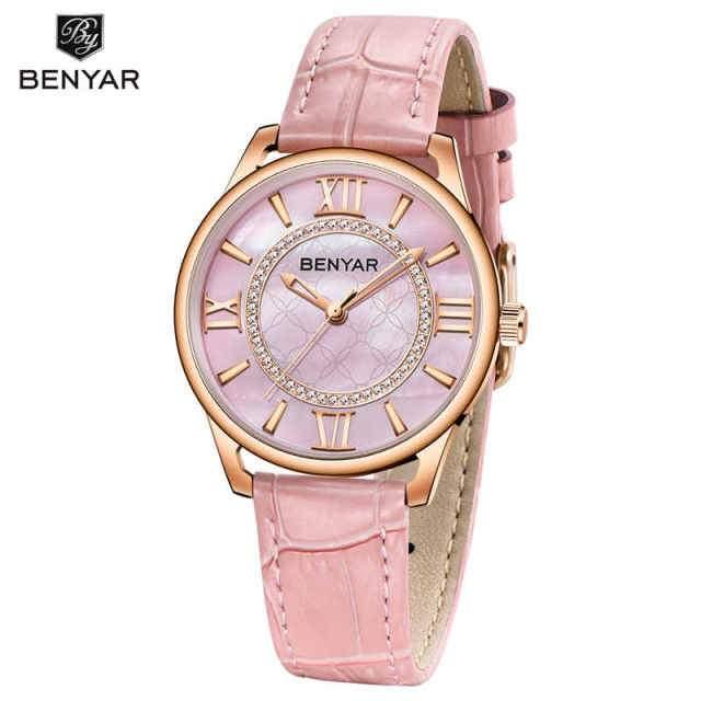 Benyar women's pink leather strap watch with pink dial, rose gold case and rhinestones on Tampa Home & Garden Store