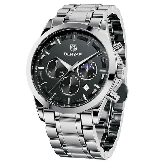 Mens chronograph watch by BENYAR with stainless steel band, black dial, three subdials, date window on Tampa Home & Garden Store