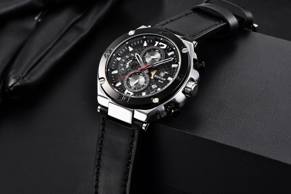 Multifunction luxury men's watch black dial with leather strap, chronograph on Tampa Home & Garden Store