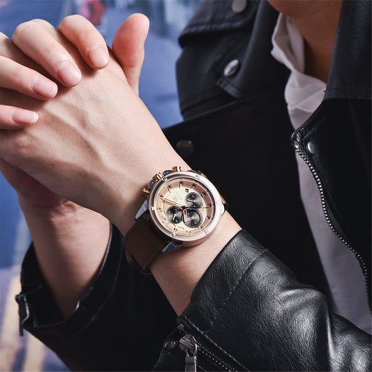 Men's brown leather chronograph watch by Stevvex ST125VINTO14 with rose gold bezel on Tampa Home & Garden Store
