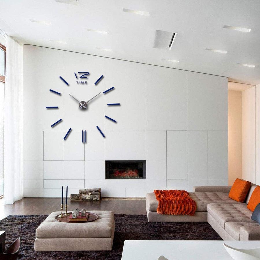 3D frameless wall clock by Stevvex with blue acrylic markers and silver hands on white wall on Tampa Home & Garden Store