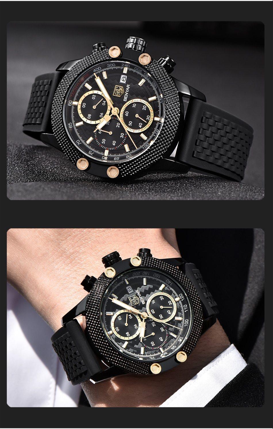 Stevvex ST485HMT48 chronograph men's watch with black dial, gold subdials, black mesh/rubber band on Tampa Home & Garden Store