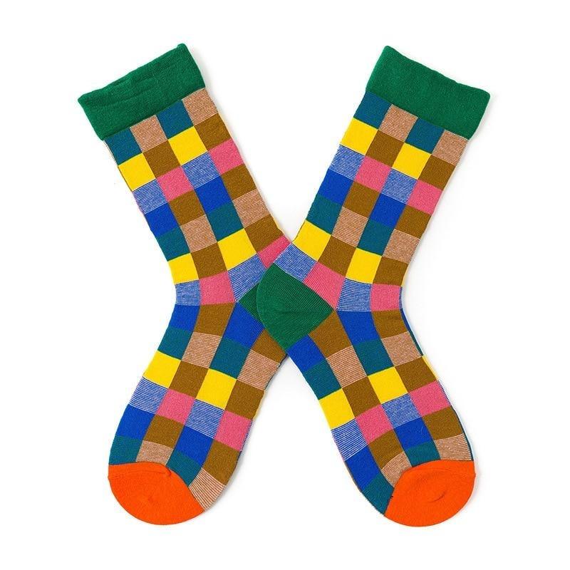 Stevvex women's crew socks pair multicolor checker pattern, combed cotton, green cuff orange toe on Tampa Home & Garden Store