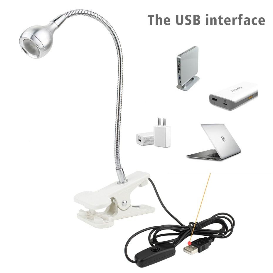 Stevvex USB LED desk lamp with clip, flexible silver gooseneck and white clamp base on Tampa Home & Garden Store
