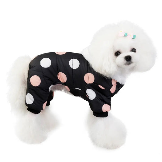 Polka Dot Snowsuit Jumpsuit for small dogs in black with pink and white polka dots on a dog on Tampa Home & Garden Store