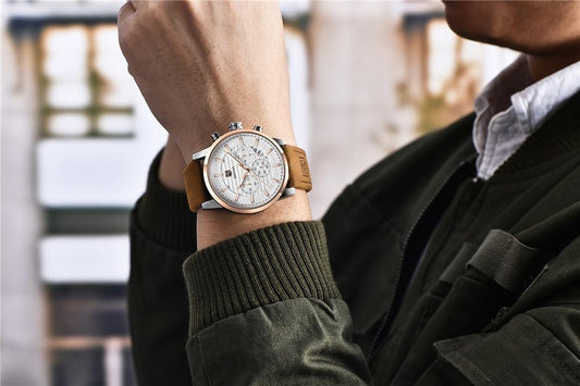 Stevvex luxury men's business chronograph watch with tan leather strap and white dial on Tampa Home & Garden Store