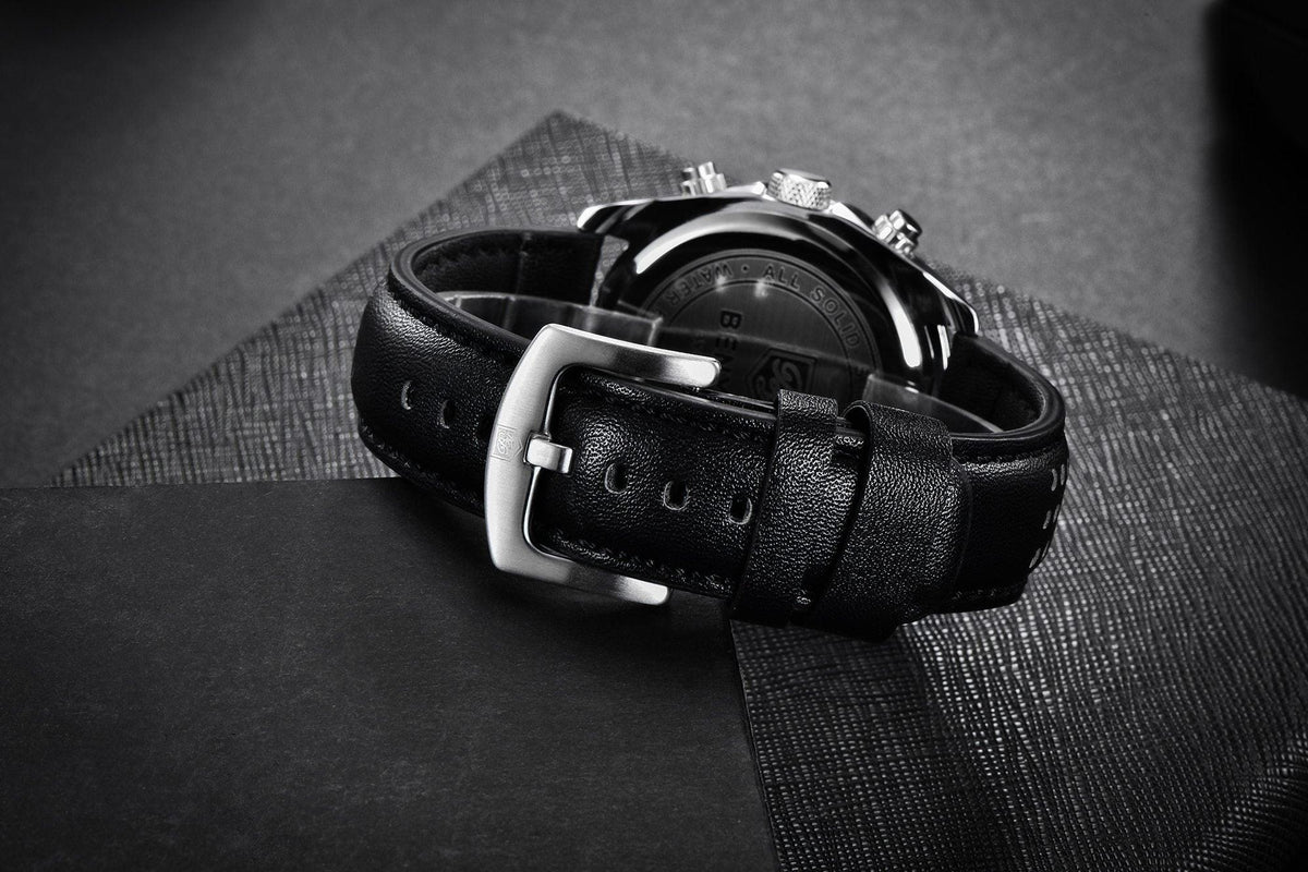 Stevvex men's analog quartz sport watch with black leather strap and stainless steel case on Tampa Home & Garden Store