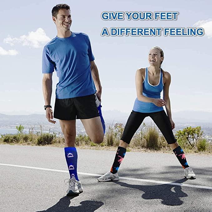 Stevvex ST12240AYL unisex athletic compression socks, two-pair display; blue patterned on Tampa Home & Garden Store