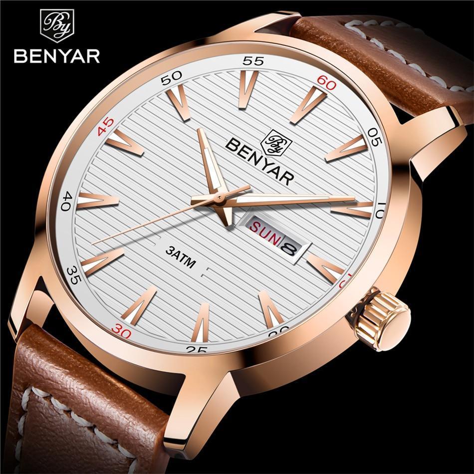 Men's analog Benyar watch gold-tone case brown leather strap white striped dial day/date window 3ATM water resistant on Tampa Home & Garden Store
