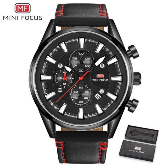 Men's chrono watch with black dial, leather strap red stitching, Mini Focus MF, 2 boxes on Tampa Home & Garden Store