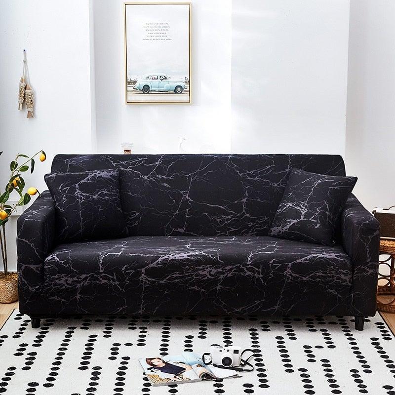 Black marble-pattern elastic sofa cover for 3/4-seat L-shaped sectional couch in living room on Tampa Home & Garden Store