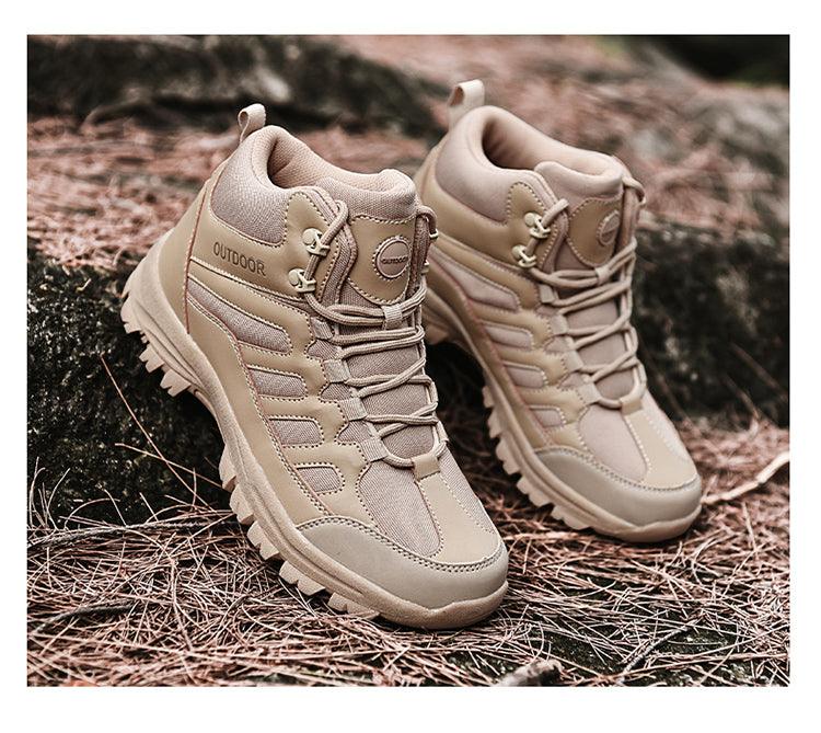 Pair of Stevvex winter walking boots, tan outdoor hiking ankle boots with rugged lug outsole on Tampa Home & Garden Store