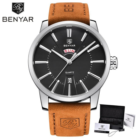 Benyar men's brown leather strap quartz watch with day and date display on Tampa Home & Garden Store