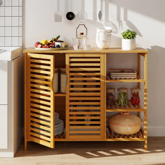 Bamboo bathroom cabinet 2-door storage organizer with slatted doors and top fruit tray on Tampa Home & Garden Store