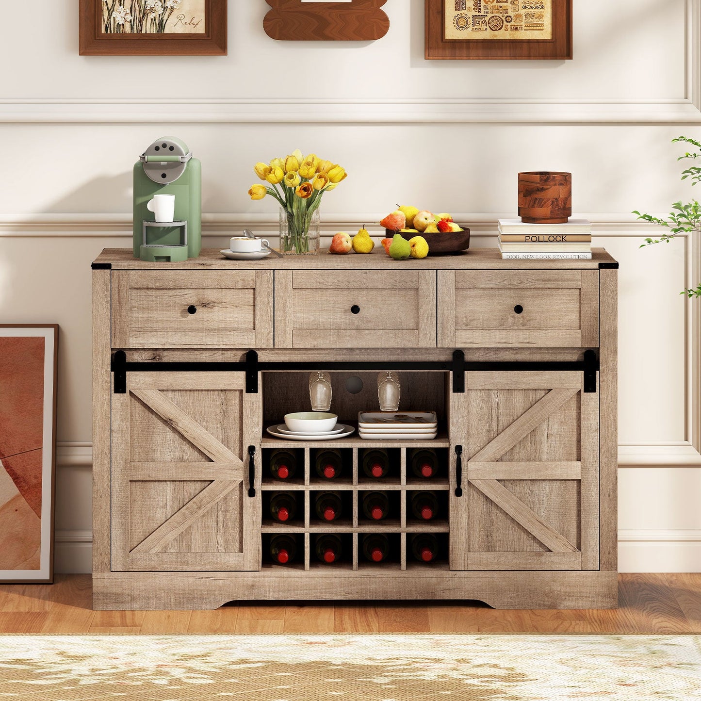 Wine Bar Cabinet 52-inch with LED lights, sliding barn doors in rustic wood finish on Tampa Home & Garden Store