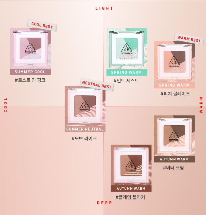 3CE Color Grid Eyeshadow by Seoulia, 6-color palette in cool, warm tones on peach gradient on Tampa Home & Garden Store