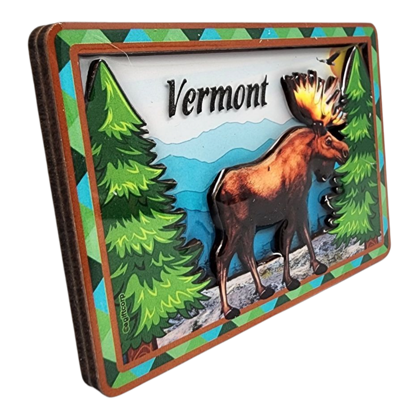 Vermont Moose Refrigerator Magnet, glossy layered design with wood frame, colorful forest scene on Tampa Home & Garden Store