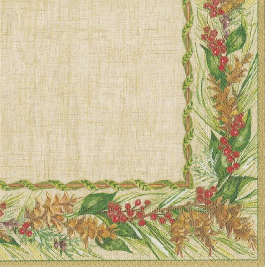Winter Garland Cocktail Napkins Set, cream paper with green garland border on Tampa Home & Garden Store