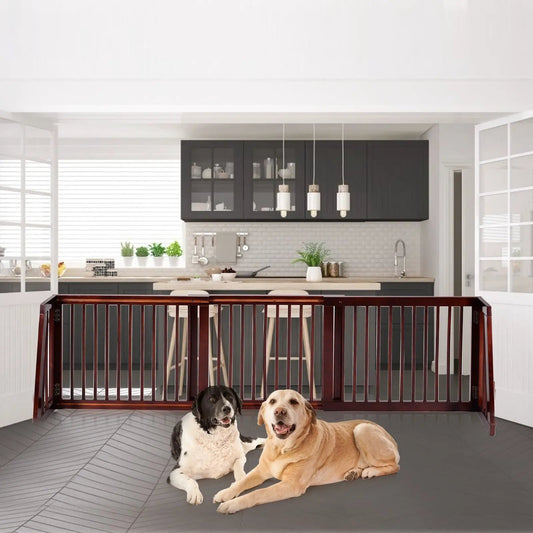 Folding adjustable 3-panel wood fence by DirectDeals in dark brown with two dogs on Tampa Home & Garden Store