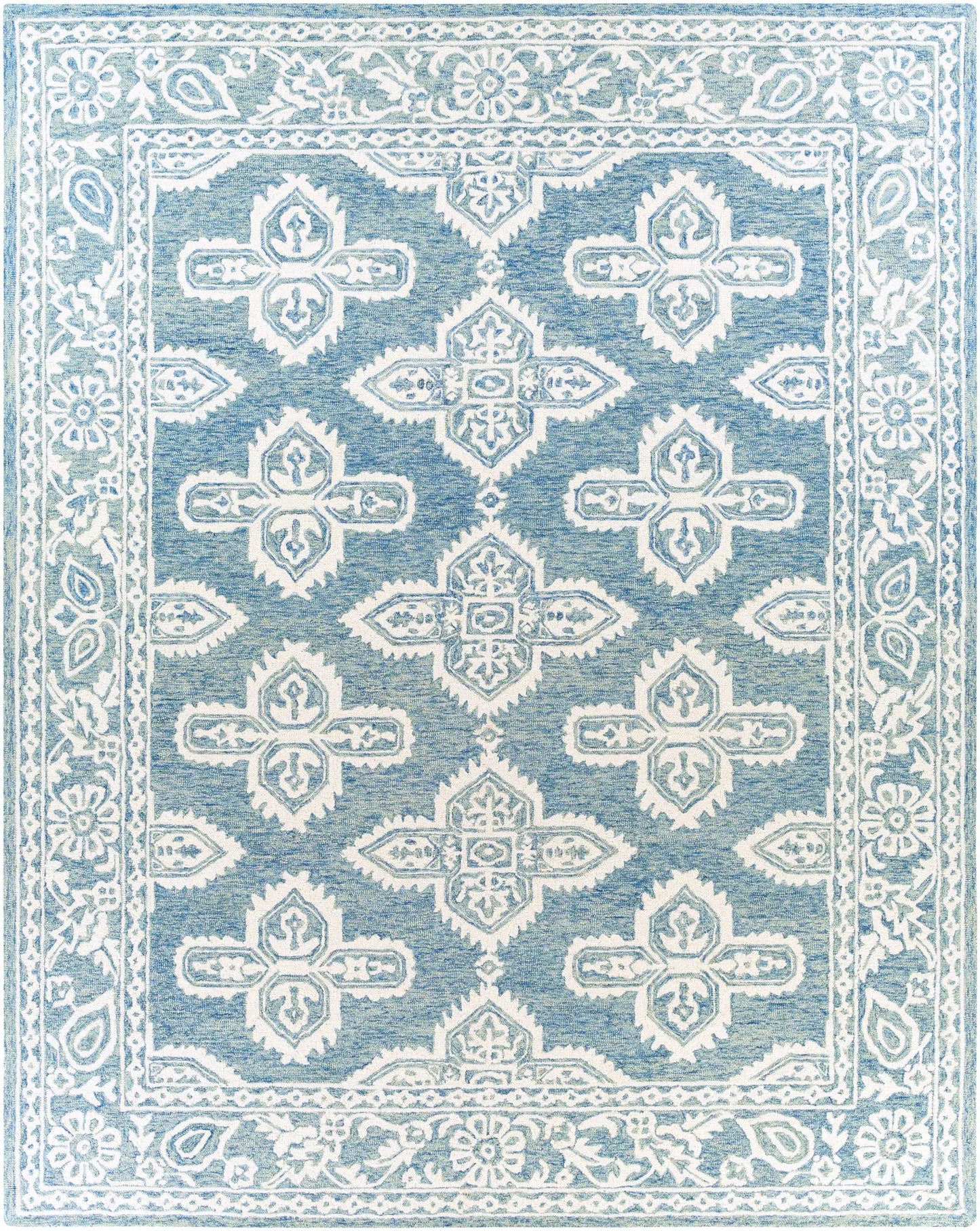 Passaic Hand Tufted Wool Rug in blue with white oriental medallion border Boutique Rugs on Tampa Home & Garden Store
