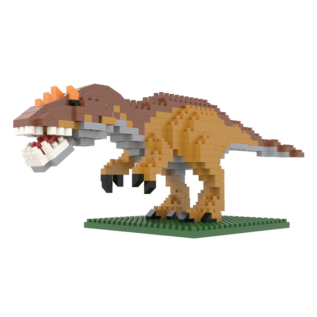 Mini Allosaurus building-block kit, brown-orange dinosaur construction toy with detailed scales on Tampa Home & Garden Store