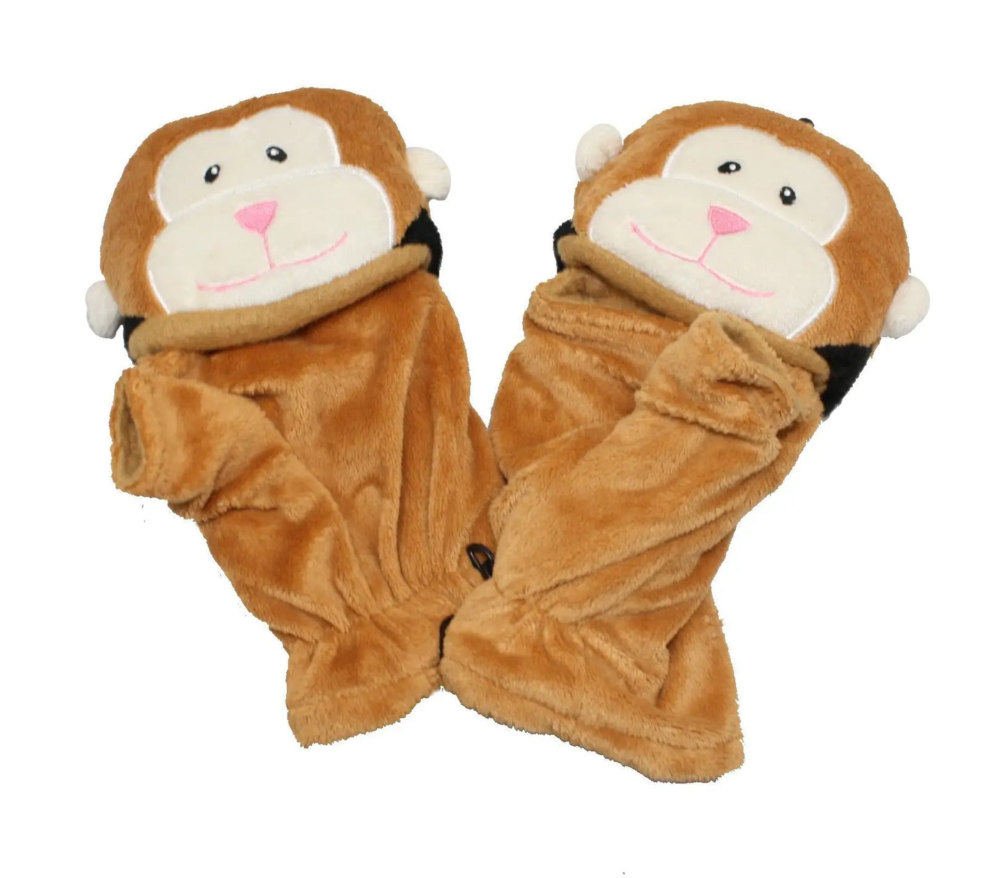 Monkey Fur Kids Flip Top Mittens two plush brown monkey-face mittens with cream faces on Tampa Home & Garden Store