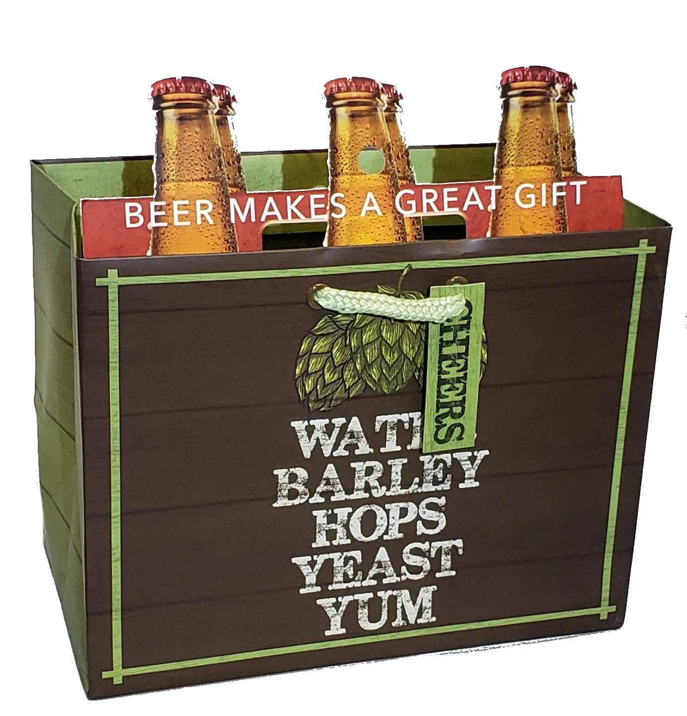 Heavyweight gift bag with three beer bottles in a wood crate, Water Barley Hops Yeast Yum on Tampa Home & Garden Store