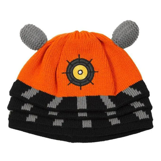Official Doctor Who Dalek Beanie orange knit hat with grey antennae and Dalek eye emblem on Tampa Home & Garden Store