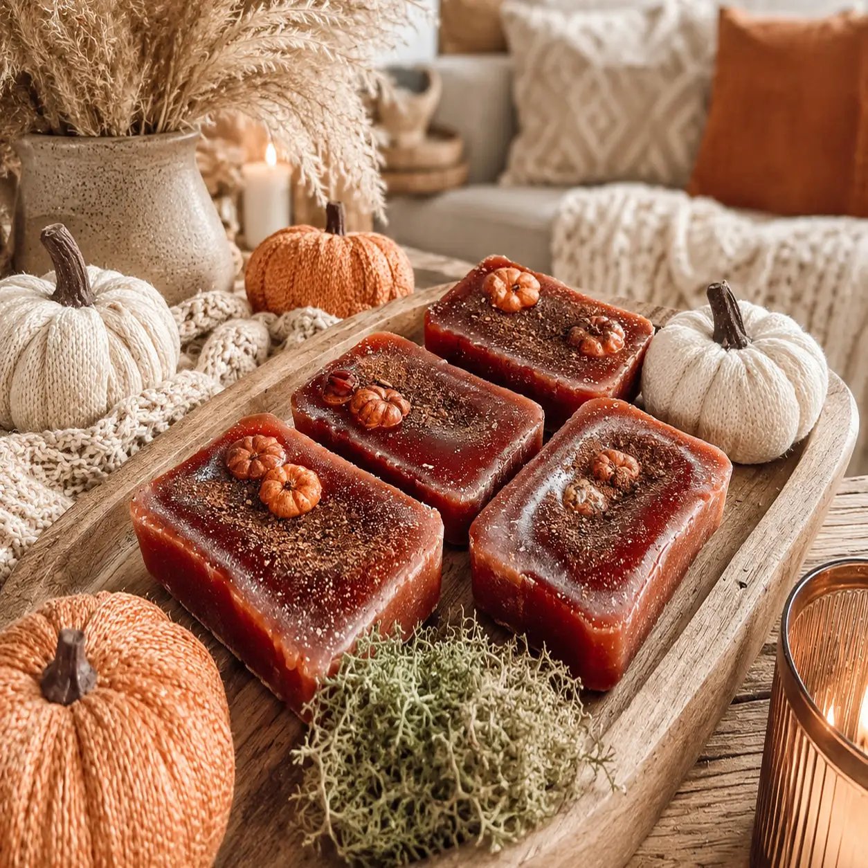 Pumpkin Buttercream Wax Melts Cinnamon Pie by Gia Roma, four brickred wax tarts pumpkin toppers on Tampa Home & Garden Store
