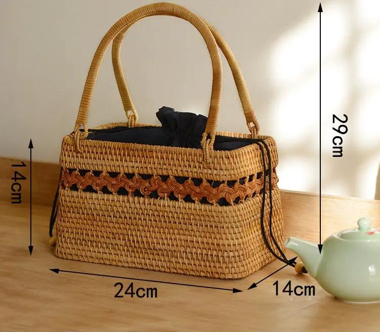 Pure Handmade Nordic Style Storage Basket Handbag with black lining, natural tan wicker on Tampa Home & Garden Store