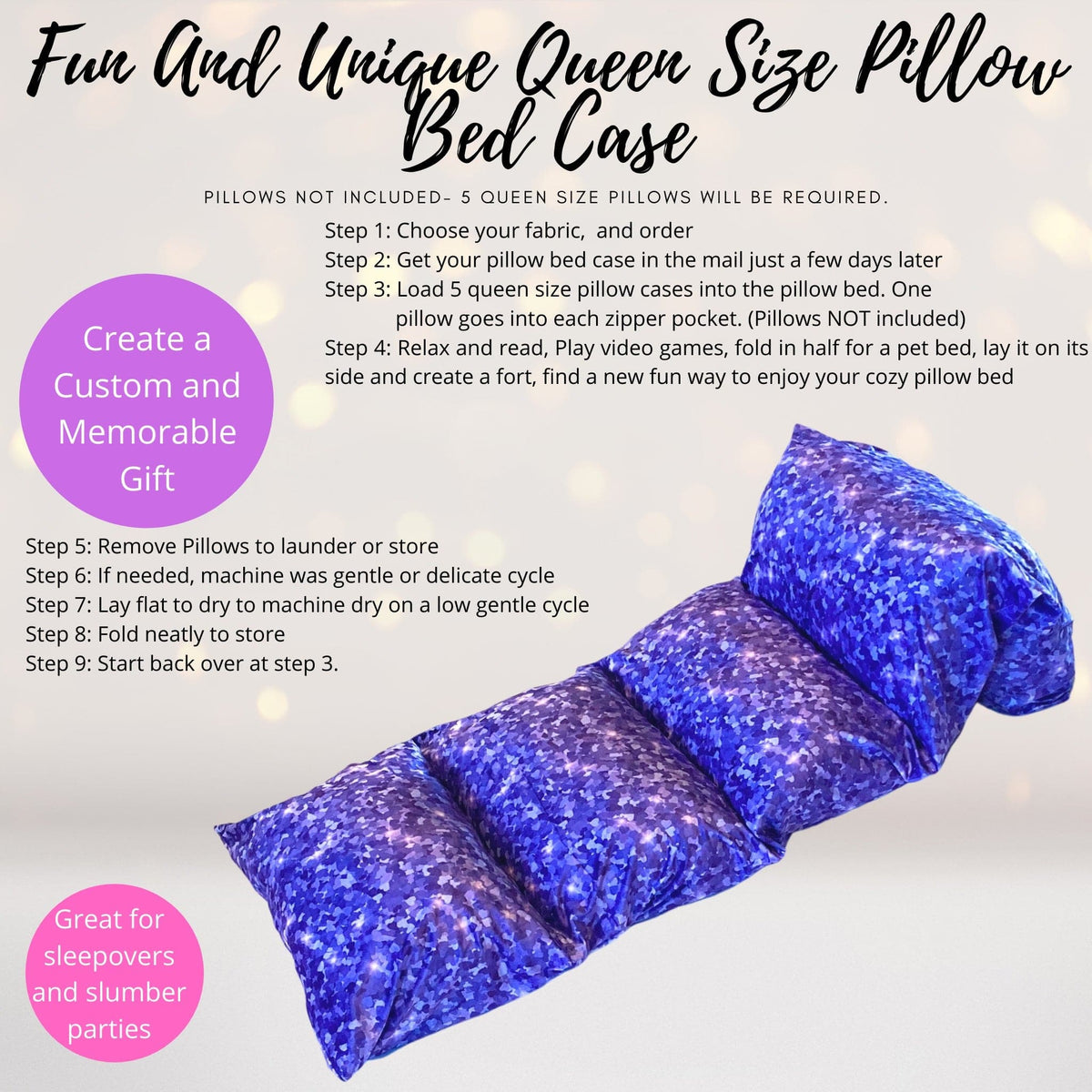 Purple Hearts & Confetti Pillow Bed Slipcover for Kids Floor Lounger; 3 purple pillow covers on Tampa Home & Garden Store
