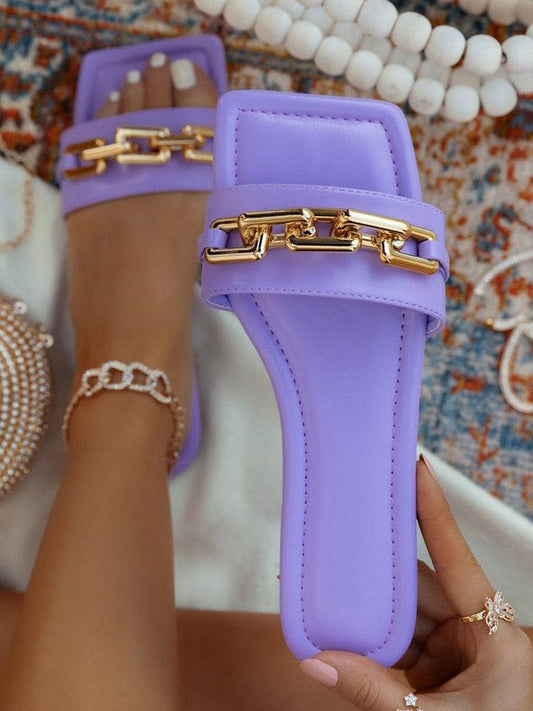 Purple Stevvex women's leather slides with gold chain strap sandals ST85SH7344AZD on Tampa Home & Garden Store