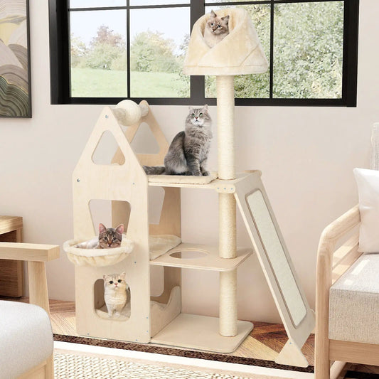 Multi-Level Cat Tree with Sisal Scratching Post beige wood, sisal posts, top condo, perches on Tampa Home & Garden Store