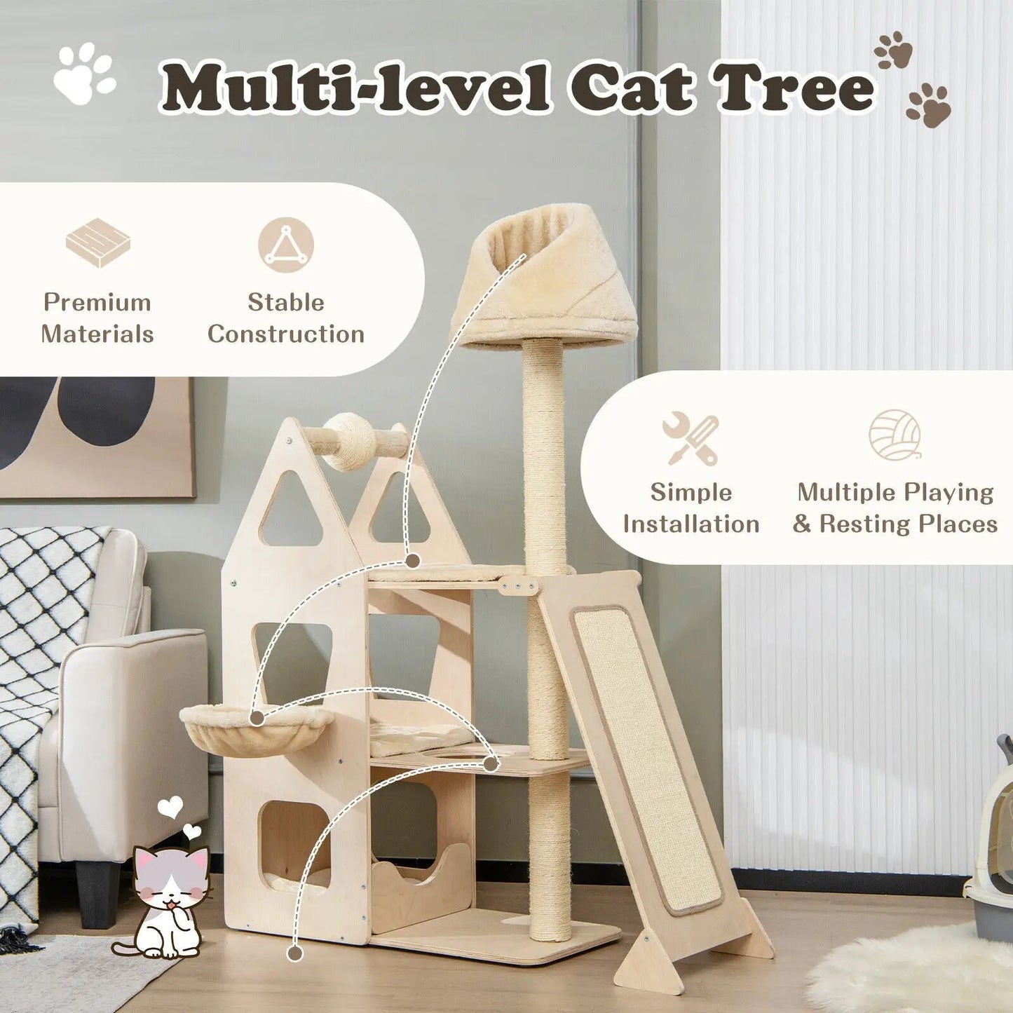 Multi-Level Cat Tree with sisal posts in beige wood, featuring multiple platforms on Tampa Home & Garden Store