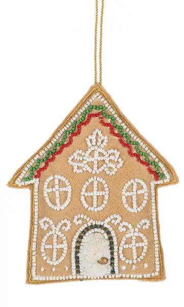 Beaded Gingerbread House Ornament tan house with white beading and red/green trim on Tampa Home & Garden Store