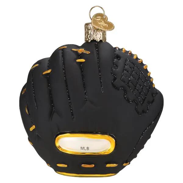 Pirates Baseball Mitt Ornament glass keepsake, black with gold laces and MLB window on Tampa Home & Garden Store