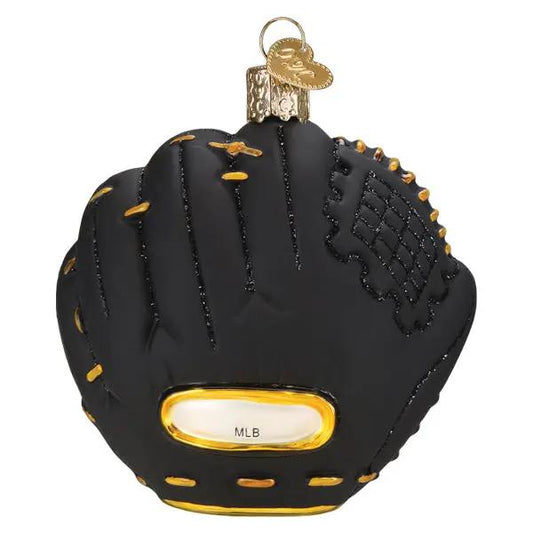 Pirates Baseball Mitt Ornament glass keepsake, black with gold laces and MLB window on Tampa Home & Garden Store