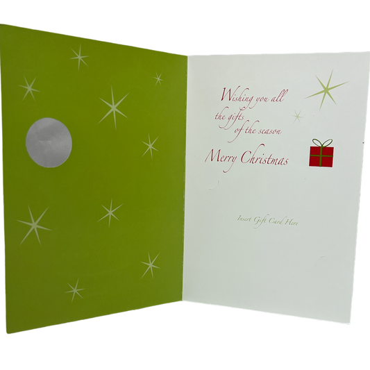 Holiday Bauble Gift Card Greeting Card lime page with stars and red Merry Christmas script on Tampa Home & Garden Store
