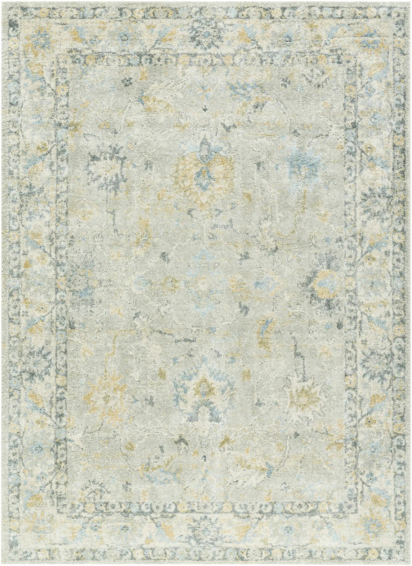 Ahmaud Beige Thick Luxe Area Rug, traditional beige with blue and gold accents on Tampa Home & Garden Store