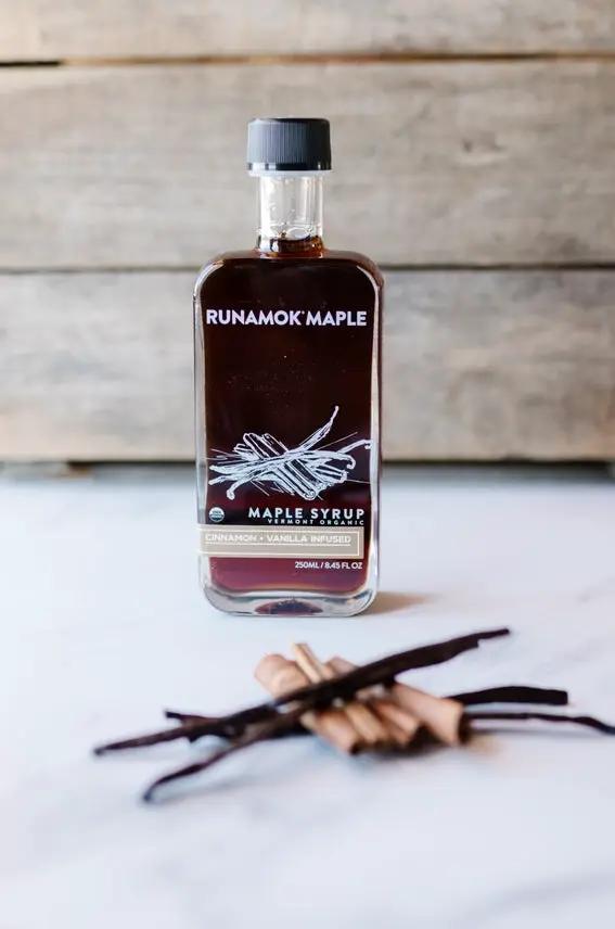 Cinnamon and Vanilla Infused Maple Syrup bottle by Runamok Maple, dark amber syrup, 250 ml on Tampa Home & Garden Store