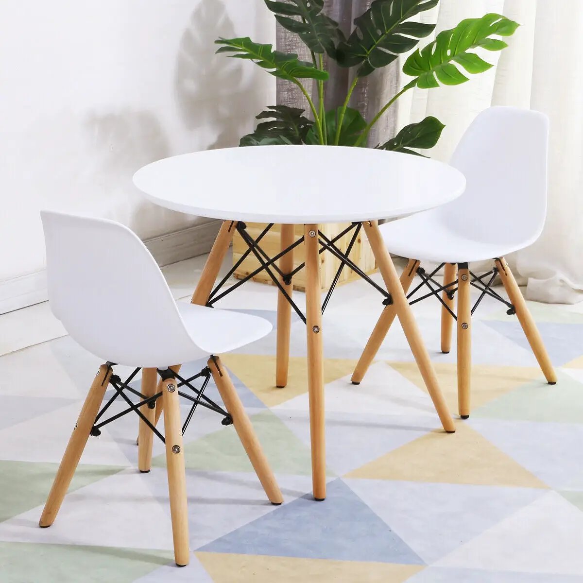 Kid's Modern Dining Table Set with Armless Chairs: white round table, natural wood legs, chairs on Tampa Home & Garden Store