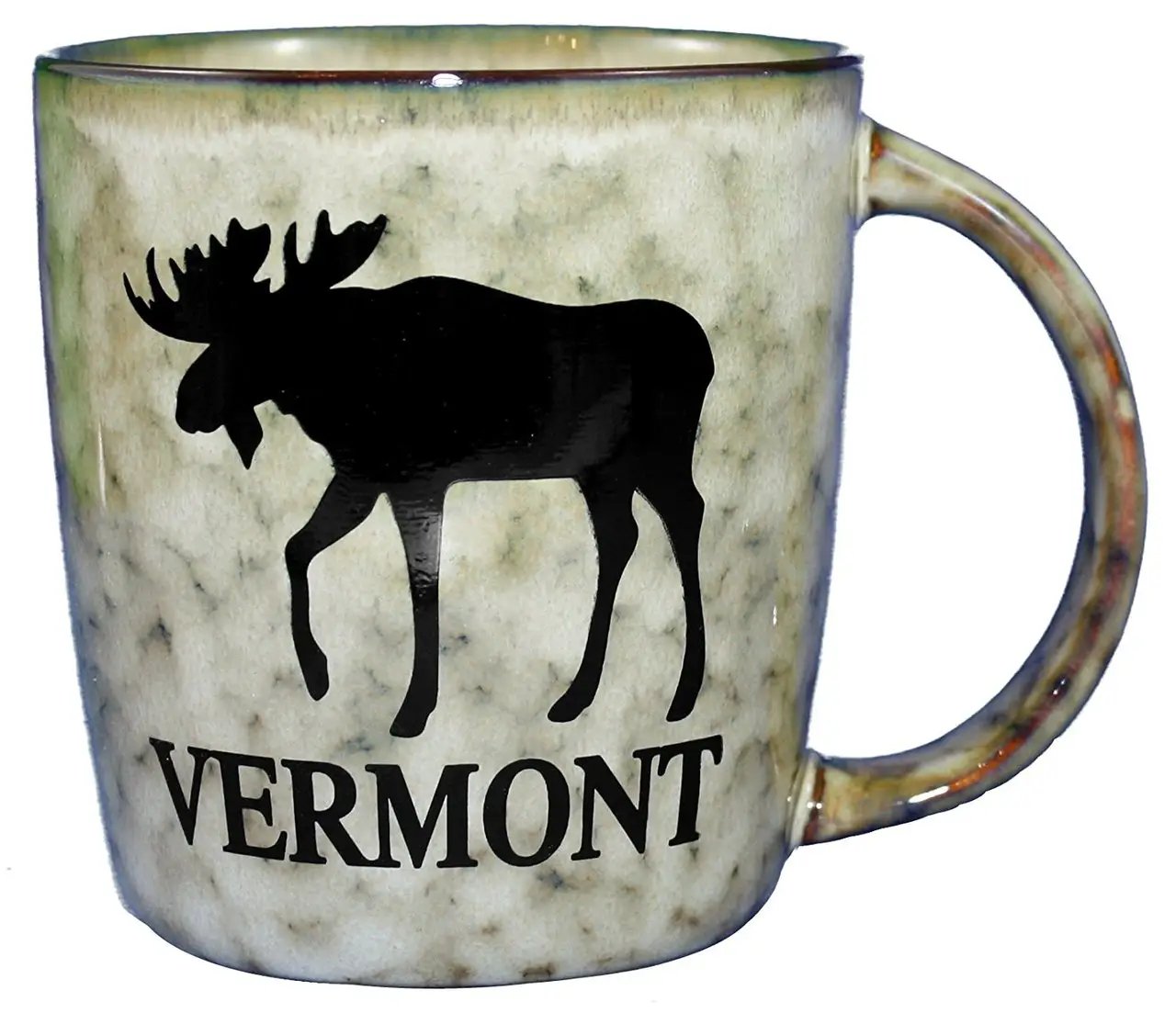 Ceramic granite finish mug featuring a black moose silhouette and VERMONT label on Tampa Home & Garden Store