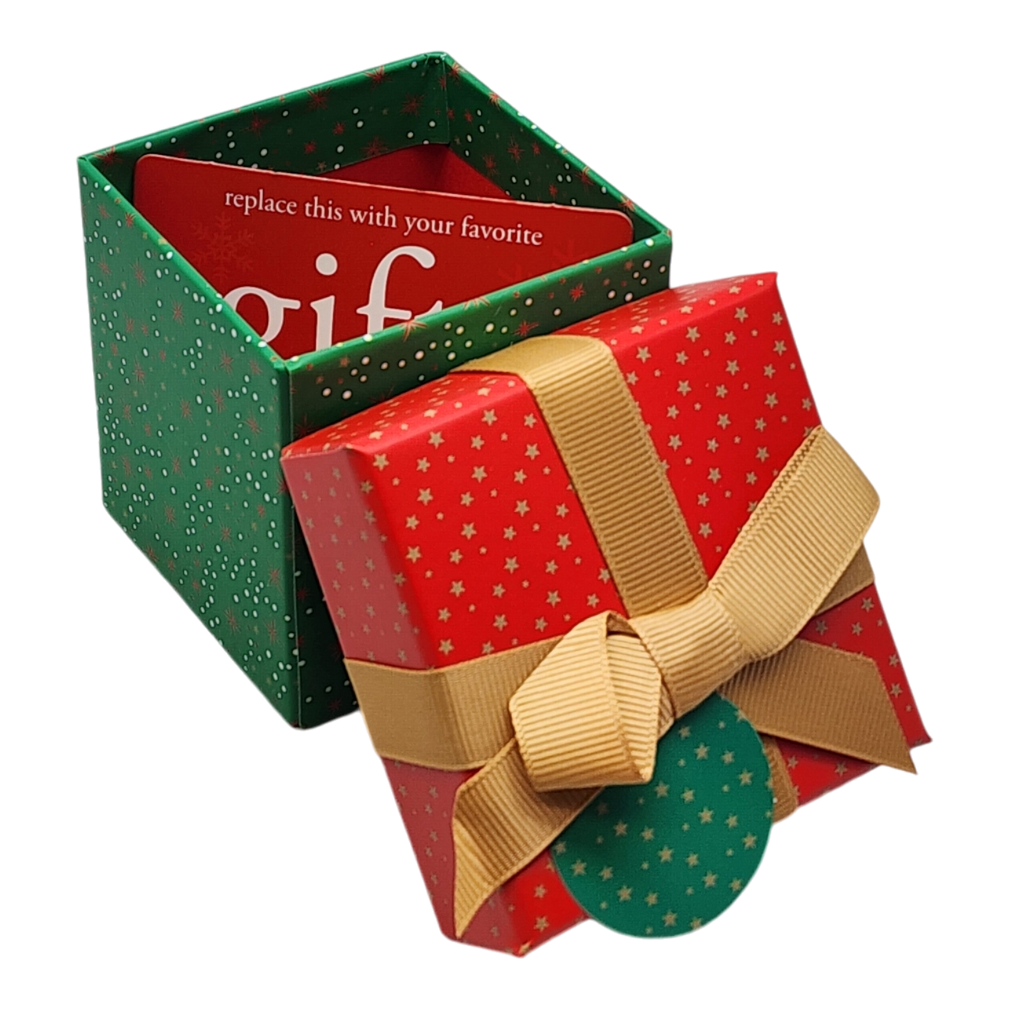 Gift Box Cube for Gift Cards, Stars Edition, green cube with white speckles and red starry lid on Tampa Home & Garden Store
