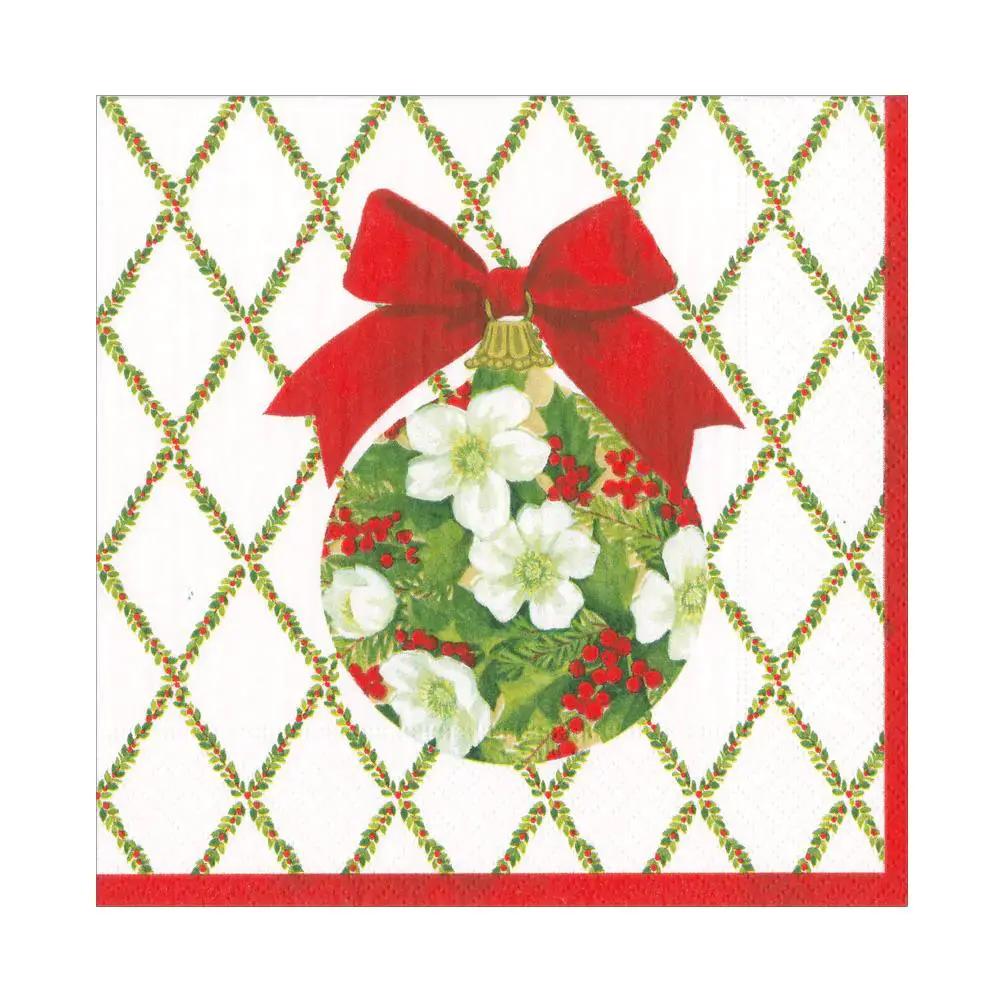 Ornament and Trellis luncheon napkins by The Country Christmas Loft, white with red border on Tampa Home & Garden Store