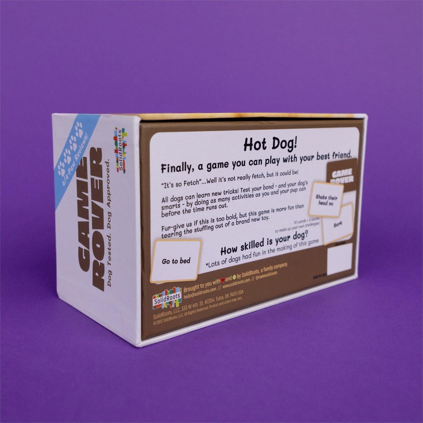 Game Rover dog trick card game box white and brown with SolidRoots branding on Tampa Home & Garden Store