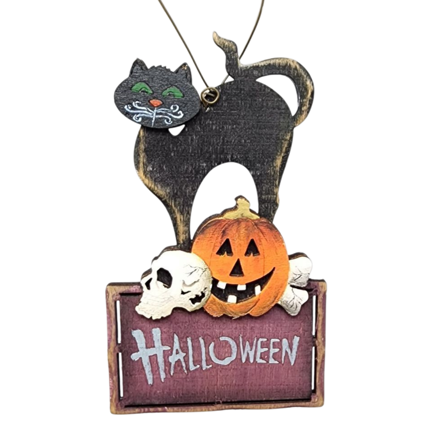 Wooden Halloween cat ornament with black cat on a purple sign and pumpkin on Tampa Home & Garden Store