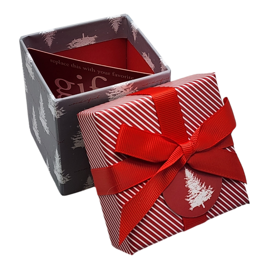 Gift Box Cube for Gift Cards greyscale trees, red striped box with red ribbon, 2 items on Tampa Home & Garden Store